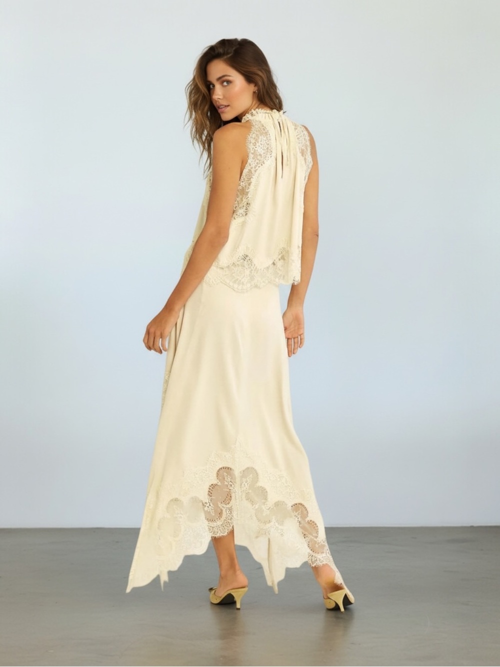 NWT Satin Lace Two-Piece Maxi Skirt Set | Elegant Boho Resort Vacation Outfit